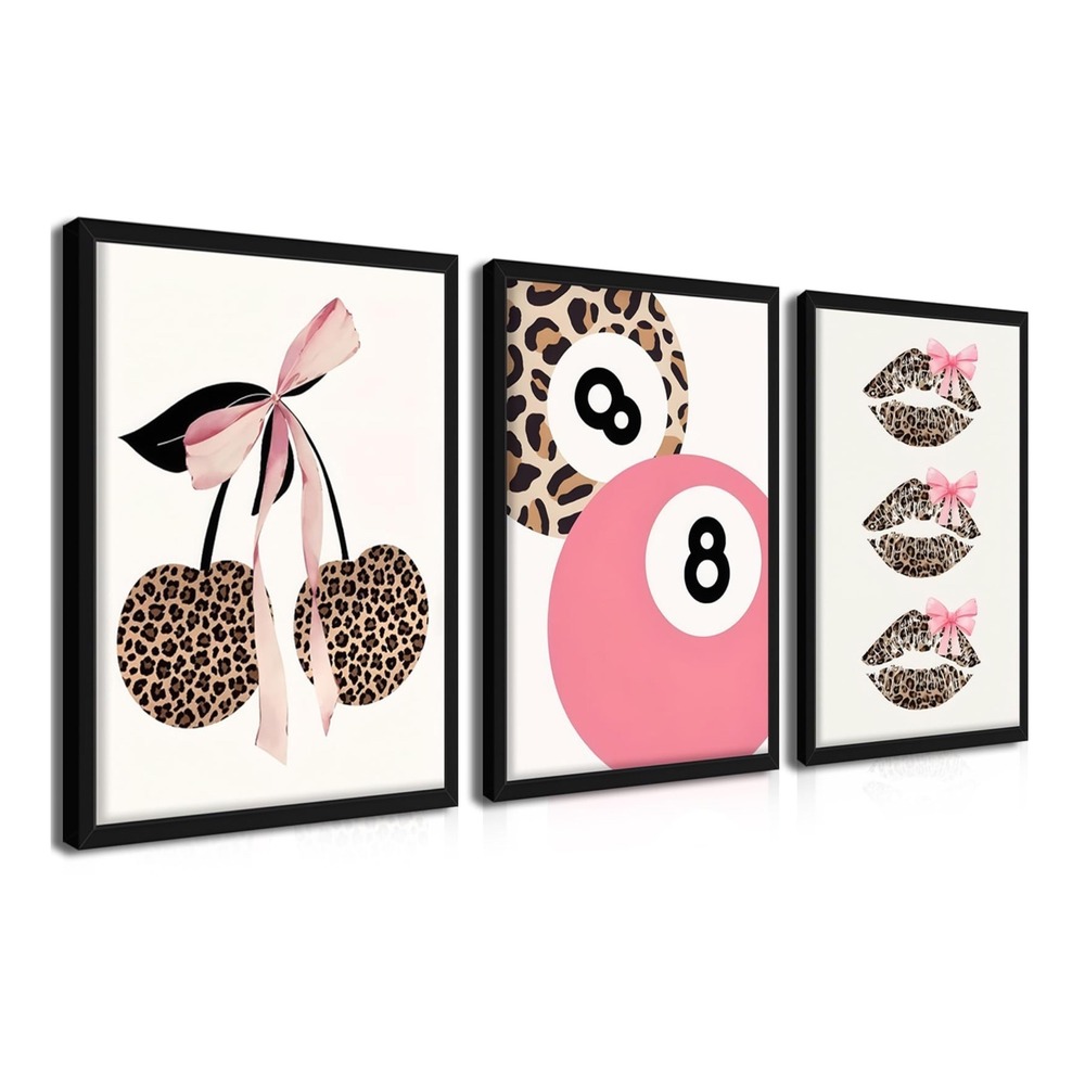 NWT Coquette Leopard Wall Art Set 3 Framed 16x24 Cherry 8 Ball Lips Pink Bow